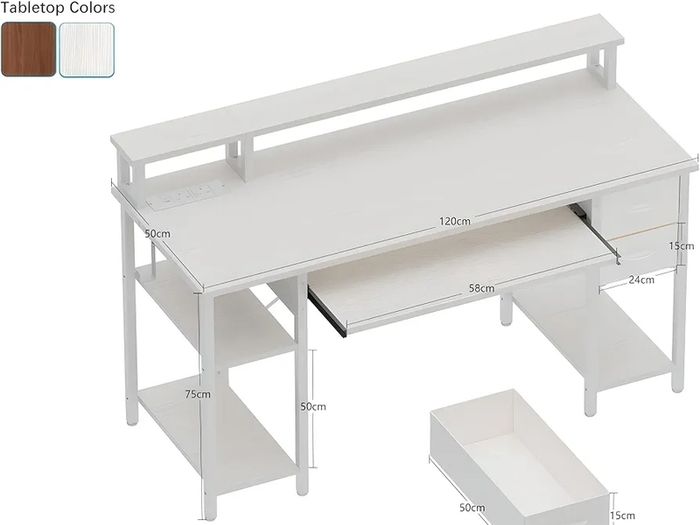 Computer Desk with Drawers & Power Outlets, Office Desk with Storage Monitor Stand, Reversible Small Desks for Home Office Bedroom, 120 / 50cm, White