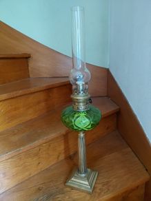 Antique French large green glass oil lamp works