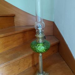 Antique French large green glass oil lamp
