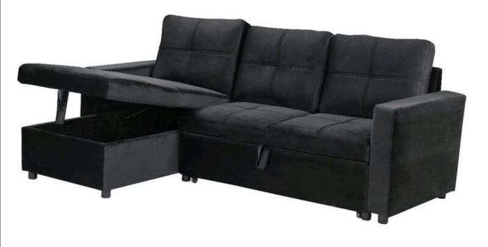 Black Corner Sofa Bed with Storage & Pull-Out Base