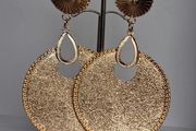 Gold Sunburst Hammered Round Disc Drop Earrings