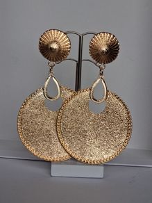 Gold Sunburst Hammered Round Disc Drop Earrings