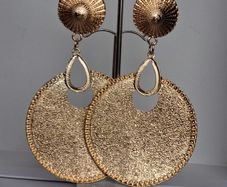 Gold Sunburst Hammered Round Disc Drop Earrings