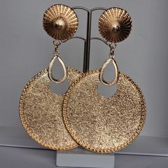 Gold Sunburst Hammered Round Disc Drop Earrings