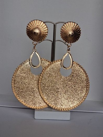 Gold Sunburst Hammered Round Disc Drop Earrings