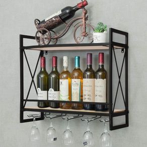 Industrial Wine Rack 2-Tiers Wall Mounted Bar Shelves Home Wine Storage Racks with 5 Glasses Holder Hanging Rustic Wine Holder Wine Display Shelf for Kitchen, Dining Room, Pantry, Cabinet