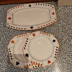 Art Deco Devon Ware Fieldings cake plate and 3 side plates playing cards motif.