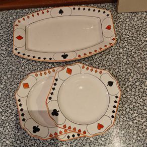 Art Deco Devon Ware Fieldings cake plate and 3 side plates playing cards motif.
