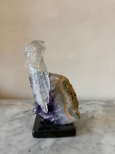 Clear Quartz Parrot on Deep Purple Amethyst Geode Base