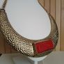 Chunky Hammered Gold Tone Collar Necklace  Red Cabochon Image 2