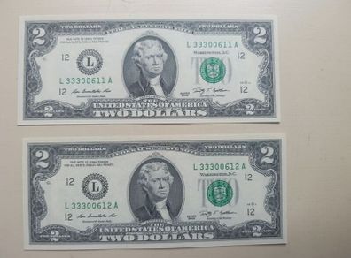 Lot 1.2 UNC 2 Dollar Banknotes in Sequence