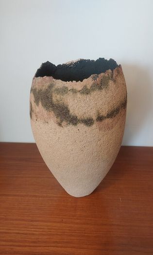 Fabulous Tall Hand-Built Studio Pottery Vase in a Textured Stoneware Clay with an Organic Asymmetric Shape, Hand Made, A Piece of Sculptural Art, But Unknown Maker