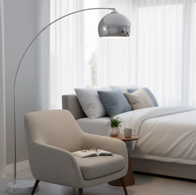 Chrome Arc Over Reach Lamps. Marble base. (Pair)