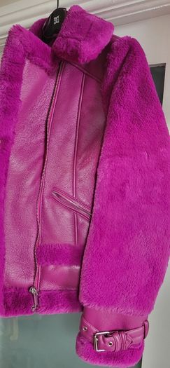 RIVER ISLAND fuschia faux leather and fur biker jacket Sz 14UK - Rrp 125 (New)