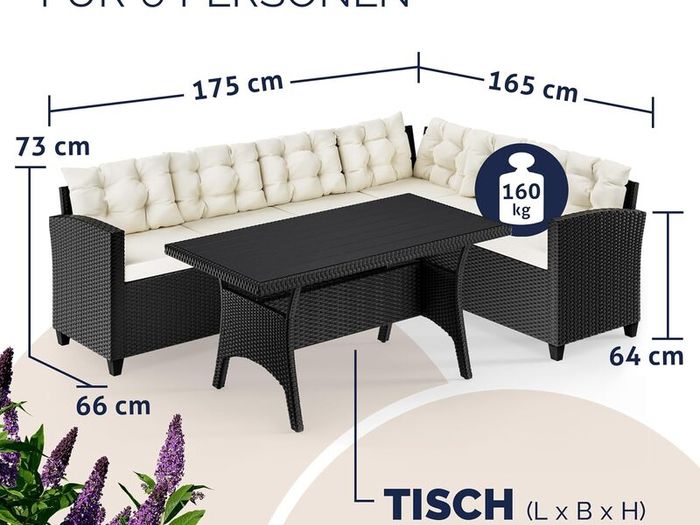 Polyrattan Corner Lounge Garden Furniture Set with WPC Dining Table  Weatherproof Outdoor Corner Sofa Seating Set for Garden, Patio or Balcony  Cream or Grey