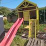 Playhouse with swings, slide, look out tower, picnic table and basketball hoop Image 3