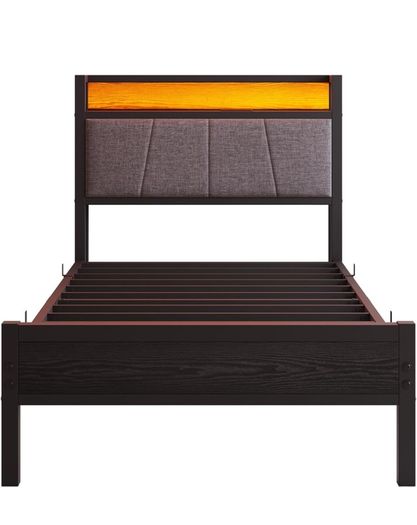 3ft Single Bed Frame with Storage Headboard,LED Lights,Metal Upholstered Platform Bed Frame with Charging