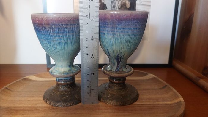 Wonderful Pair of Studio Art Pottery Goblets by Martin Branch Lyre Pottery, Cloncorban, Rossmore, Clonakilty, West Cork in a Fabulous Colourful Variegated Glaze. Pair One