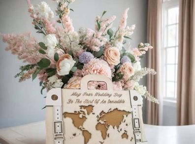 Wooden Wedding Card in the shape of a travel suitcase, Inner envelope for monetary wedding gifts