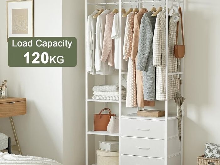 Wardrobe with 3 Drawers White  easy assembly Wood Top Steel Frame Ultimate Storage sturdy Multifunctional System
