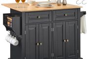 Kitchen Island Cart, 43" Wood Top Mobile Carts with Storage Cabinet, Rolling Table with Drop Leaf, Spice Rack, Towel Bar, Adjustable Shelf, Drawer, and Hooks, Portable Islands on Wheels, Black