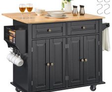 Kitchen Island Cart, 43" Wood Top Mobile Carts with Storage Cabinet, Rolling Table with Drop Leaf, Spice Rack, Towel Bar, Adjustable Shelf, Drawer, and Hooks, Portable Islands on Wheels, Black