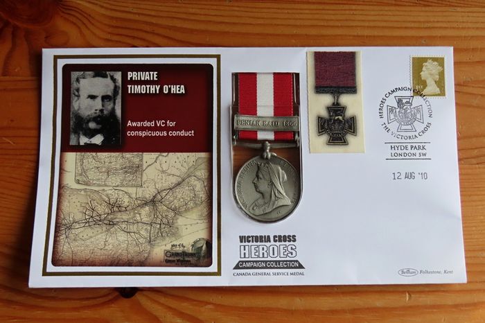 Fenian Raid Canada Medal 1866 Timothy O'Hea VC commemorative replica medal & 2010 stamp first day cover
