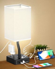 Bedside Table Lamp, Touch Control Nightstand Bedroom Lamp with USB C & USB A Charging Ports, 2 Way Outlets, Minimalist White Fabric LED Desk Night Light for Living Room Office (FREE POSTAGE)