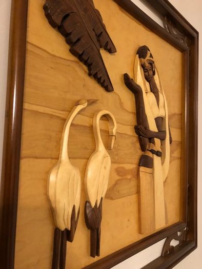 Vintage 60cm Vietnamese 3D Wood Intarsia Relief Art - Hand Carved Crane Longevity Panel