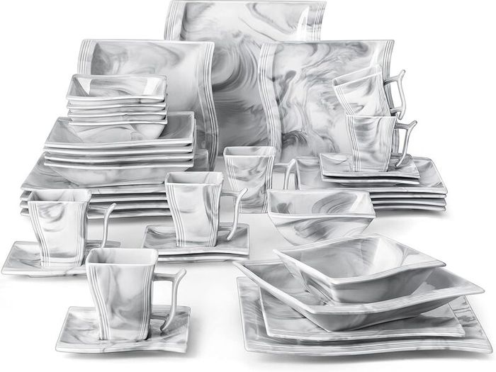 Stylish Modern Porcelain China Square 55 Piece Dinner Set, Marble Grey, Dinnerware, Dinner Party Set. Plates, Cups Mugs Bowls Egg Cups