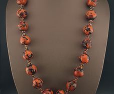 Antique Venetian Style Orange Millefiori & Chevron Glass Beads Necklace