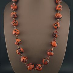 Antique Venetian Style Orange Millefiori & Chevron Glass Beads Necklace