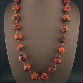Antique Venetian Style Orange Millefiori & Chevron Glass Beads Necklace