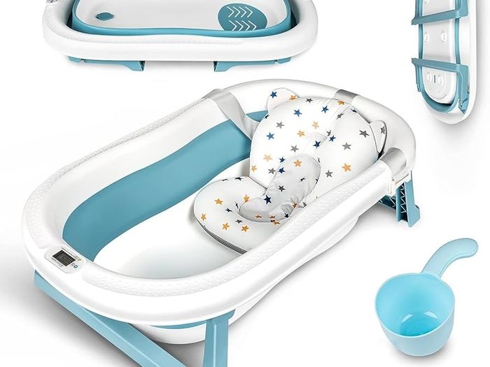 Large Foldable Baby Bathtub Baby Bath Tub with Cushion Pad, Non-Slip Support Leg, Collapsible Tub for Toddler Baby Kids Bathing - Childrens Travel Shower Bath Tubs | Shampoo Cup