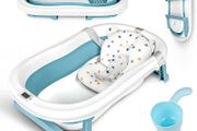 Large Foldable Baby Bathtub Baby Bath Tub with Cushion Pad, Non-Slip Support Leg, Collapsible Tub for Toddler Baby Kids Bathing - Childrens Travel Shower Bath Tubs | Shampoo Cup