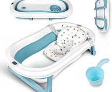 Large Foldable Baby Bathtub Baby Bath Tub with Cushion Pad, Non-Slip Support Leg, Collapsible Tub for Toddler Baby Kids Bathing - Childrens Travel Shower Bath Tubs | Shampoo Cup