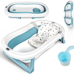 Large Foldable Baby Bathtub Baby Bath Tub with Cushion Pad, Non-Slip Support Leg, Collapsible Tub for Toddler Baby Kids Bathing - Childrens Travel Shower Bath Tubs | Shampoo Cup