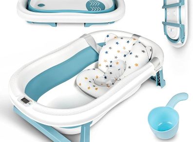 Large Foldable Baby Bathtub Baby Bath Tub with Cushion Pad, Non-Slip Support Leg, Collapsible Tub for Toddler Baby Kids Bathing - Childrens Travel Shower Bath Tubs | Shampoo Cup