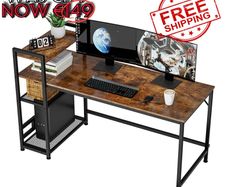 NEW SALE | Computer Desk, Computer Desk with Bookshelf, Study Computer Laptop Table with 4 Tier DIY Storage Shelves Writing Table for Home Office Bedroom,140x60x110cm