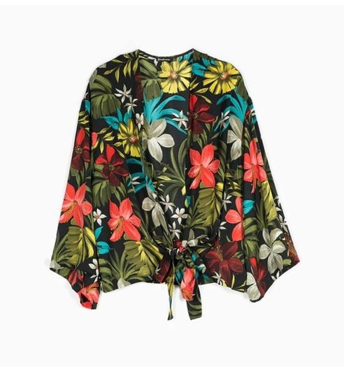 Multi Floral Wrap Long Sleeve Top   Stradivarius, Size M