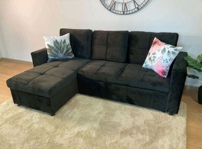 Black Corner Sofa Bed with Storage & Pull-Out Base