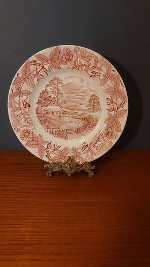 Fabulous Vintage Arklow Pottery Pink and White 9 Inch Wall Plate in an Classic Style Country Landscape Scene with a border of Hedgerow Plants
