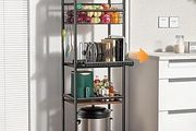 5 Tier Kitchen Rolling Cart, Storage Cart With Metal Fruit Vegetable Basket and Pull-Out Pot Lid Cutting Board Organizer, Storage Rack with Wooden Top for Kitchen, Pantry, Bathroom