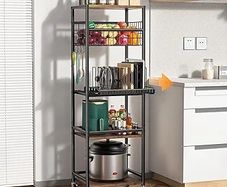 5 Tier Kitchen Rolling Cart, Storage Cart With Metal Fruit Vegetable Basket and Pull-Out Pot Lid Cutting Board Organizer, Storage Rack with Wooden Top for Kitchen, Pantry, Bathroom