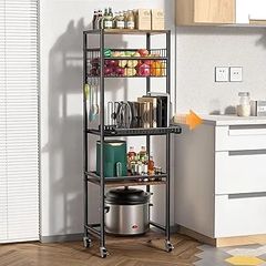 5 Tier Kitchen Rolling Cart, Storage Cart With Metal Fruit Vegetable Basket and Pull-Out Pot Lid Cutting Board Organizer, Storage Rack with Wooden Top for Kitchen, Pantry, Bathroom