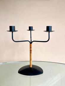 Laurids Lonborg 3 Arm Candle Holder, Rattan & Metal, Danish Mid-Century