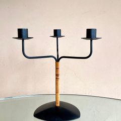 Laurids Lonborg 3 Arm Candle Holder, Rattan & Metal, Danish Mid-Century