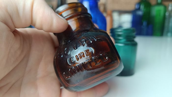 463 - Set of Three Beautiful Vintage Glass Decorative Collectible Bottles - Amber Eire Bovril, Cobalt Blue Magnesia and Turquoise Science Cream
