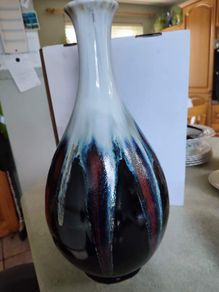 Beautiful Vase Rare Three Hands Corp. Gray, Purple,and Brown redishe Drip flamed Glaze made in china .