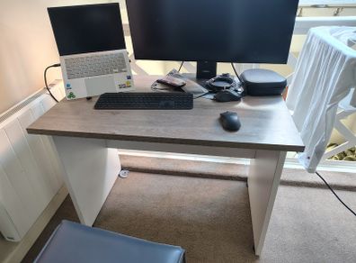 Compact wooden desk with white frame